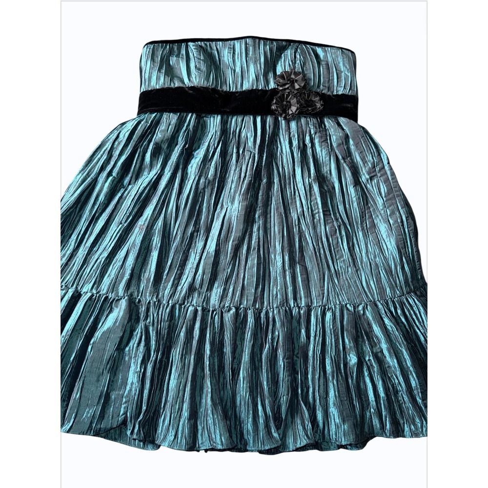 Nicole Miller Platinum Teal Iridescent Pleated Strapless Velvet Rosette Dress 14